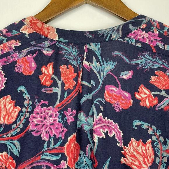 Lucky Brand | Navy Colorful Floral Print Boho Popover Tassels Long Sleeve Top - Picture 7 of 12